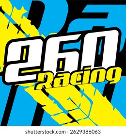 White 260 number vector and yellow RACING text, speed sticker design, splash animation background.
