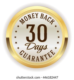 White 30 days money back button, badge with gold border