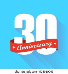 white 30th anniversary logo vector with red ribbon and shadow effect all in bright blue square flat design