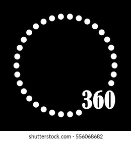 White 360 degree sign isolated on black background.