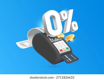 Un número blanco 3D 0% aparece en la pantalla de la máquina POS o del lector de tarjetas de crédito después de un pago exitoso y un papel de Comprobante fluye, Vector por honorarios e interés cero por ciento de diseño publicitario