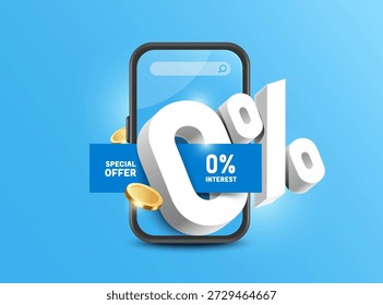 White 3D 0% number and a blue Special Offer sign are placed on smartphone screen, with gold or dollar coins flying around them. This is a promotional design free of fee and interest, vector for design