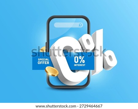 White 3D 0% number and a blue Special Offer sign are placed on smartphone screen, with gold or dollar coins flying around them. This is a promotional design free of fee and interest, vector for design
