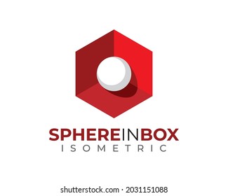 white 3D 3 Dimensional isometric globe ball sphere inside red hexagon box with light and shadow