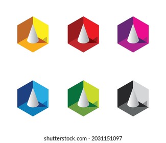 white 3D 3 Dimensional isometric cone inside red hexagon box with light and shadow