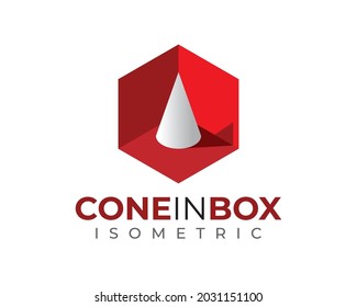 white 3D 3 Dimensional isometric cone inside red hexagon box with light and shadow