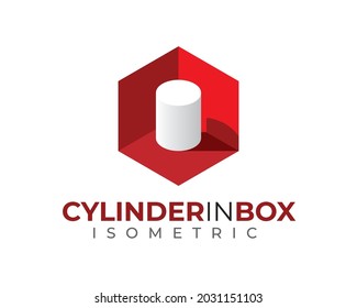 white 3D 3 Dimensional isometric cylinder barrel inside red hexagon box with light and shadow