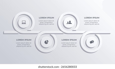 White 3D 4 Etapa Processo de Negócios Infográfico, Limpar Linha do Tempo Corporativo com Design Abstrato e Elementos de Fluxo de Dados