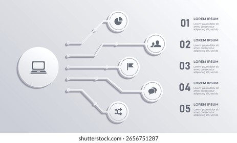 White 3D 5 Step Business Infográfico com dispositivos digitais e fluxograma futurista, Design Infográfico Branco