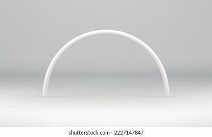 White 3d arch metallic rod curved column indoor decorative design for product presentation realistic vector illustration. Archway semicircle decor element geometric stand advertising foundation