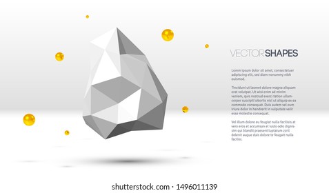 White 3D background with abstract flying low poly rock and shiny golden balls around