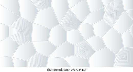 White 3D background with geometric shapes. Banner with different polygons. Backdrop with hexagons. Vector illustration in realistic style. White wall. Modern design for wallpaper, flyer, poster.