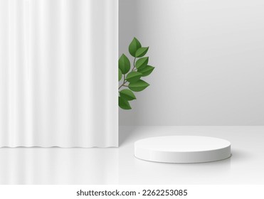 White 3D background with realistic cylinder pedestal podium, Soft curtain and green leaf. Luxury minimal wall scene mockup product display. Abstract geometric platforms design. Round stage showcase.