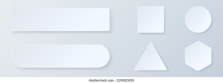 White 3d blank buttons set with shadow. Template design for banner, web or mobile app, ui. Various type of button - square, round, triangle, hexagon, rectangle. Vector illustration