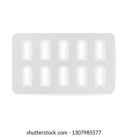 White 3d blister pack of tablet isolated on white background. Vector stock illustration.