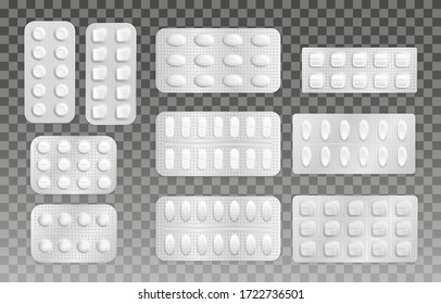 Weiße 3D-Blisterpackung mit Tablette. Realistische Tabletten in der Verpackung zur Behandlung von Krankheit und Schmerz. Medikamententabletten und Kapselpackungen, weiße 3D-Medikamente und Vitamine. Verpackung realistischer Antibiotika aus der Medizin. Vektorgrafik.