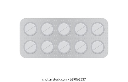 White 3d blister pack of tablet isolated on white background vector illustration. Packaging design element for branding. Pill in Blister Pack : Vector Illustration.