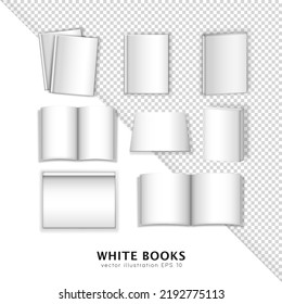 White 3d books in different positions - two albums, closed brochure, isometric hardcover books, opened magazines, sketchbook, paper sheets. Mockup, layout for branding