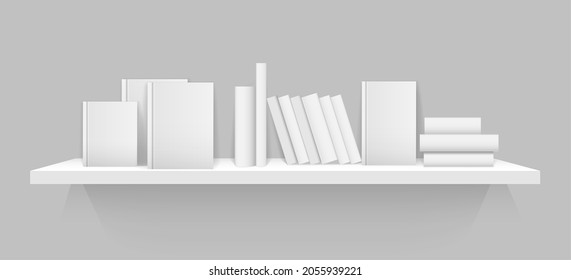 White 3d bookshelf. Wall shelf with white blank books covers, office bookshelf library mockup with standing publication objects in modern style vector illustration
