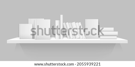 White 3d bookshelf. Wall shelf with white blank books covers, office bookshelf library mockup with standing publication objects in modern style vector illustration