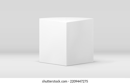 White 3d box symmetric podium geometry construction showcase foundation stage realistic vector illustration. Rectangular pedestal stage display for product presentation studio decorative background