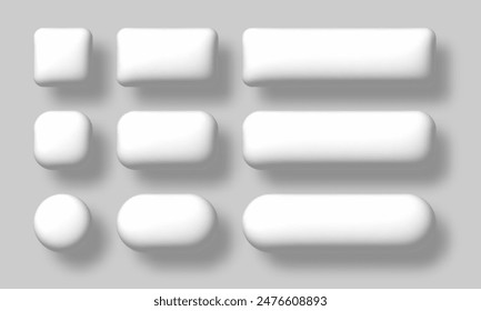 White 3d buttons set. Vector realistic UI UX design elements set