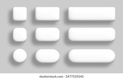 White 3d buttons set. Vector realistic UI UX design elements set