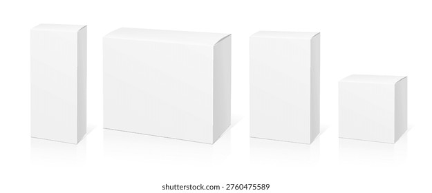 White 3D Cardboard Boxes Mockup. Realistic vector White Package Box. Template for your design. Square Packaging Boxes. 