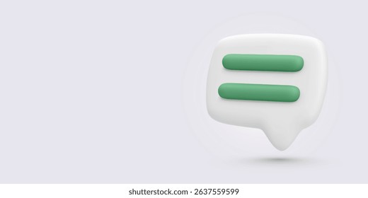 White 3D Chat Bubble with Two Green Text Lines, Floating on Light Background. Great for Messaging UI, Communication Apps, Comments, or Support Interfaces. Vector Illustration.