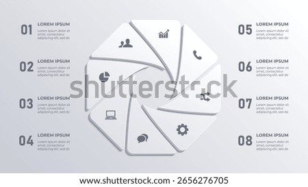 White 3D Circle Infographic, 8 Step Business Timeline with Media Icons and Cinematic Elements on Isolated Background