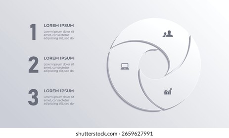 Círculo blanco 3D Infografía Línea de tiempo de negocios de tres pasos con diseño limpio moderno