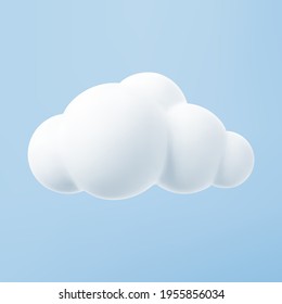 White 3d cloud isolated on a blue background. Render soft round cartoon fluffy cloud icon in the blue sky. 3d geometric shape vector illustration