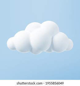 Nube 3d blanca aislada en un fondo azul. Representar dibujos animados redondos suaves en el cielo azul. Ilustración vectorial de forma geométrica 3d