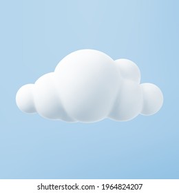 White 3d cloud isolated on a blue background. Render soft round cartoon fluffy cloud icon in the blue sky. 3d geometric shape vector illustration