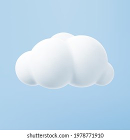 White 3d cloud isolated on a blue background. Render soft round cartoon fluffy cloud icon in the blue sky. 3d geometric shape vector illustration