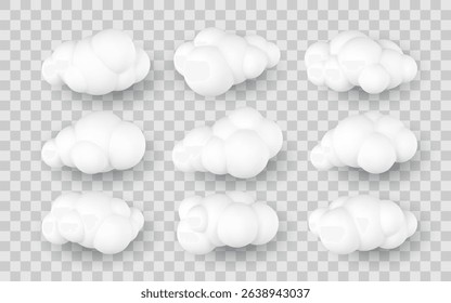 White 3D Cloud Set on Transparent Background, Soft Puffy Cartoon Style for Weather, Sky, or Dream Design Elements, Vector Illustration.