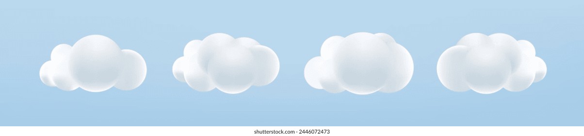 White 3d cloud set. Soft round cartoon fluffy clouds in bubble shape in blue sky. Rounded cumulus mock up. Weather forecast realistic symbols vector set. Outdoor nature, spring weather cloudscape.