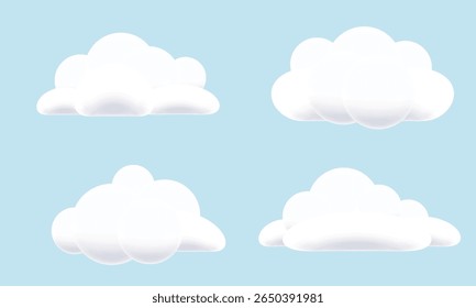 Nuvens 3d brancas isoladas sobre fundo azul. Elemento de design de nuvem fofo. Fundo do céu nublado. Ilustração vetorial