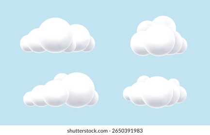 Nuvens 3d brancas isoladas sobre fundo azul. Elemento de design de nuvem fofo. Fundo do céu nublado. Ilustração vetorial