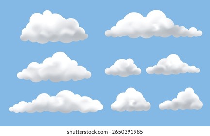 Nuvens 3d brancas isoladas sobre fundo azul. Elemento de design de nuvem fofo. Fundo do céu nublado. Ilustração vetorial