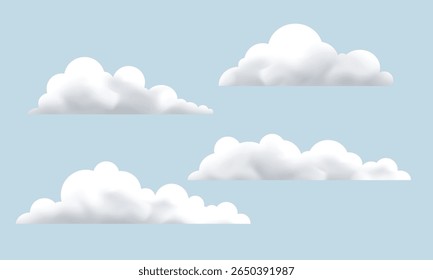 Nuvens 3d brancas isoladas sobre fundo azul. Elemento de design de nuvem fofo. Fundo do céu nublado. Ilustração vetorial