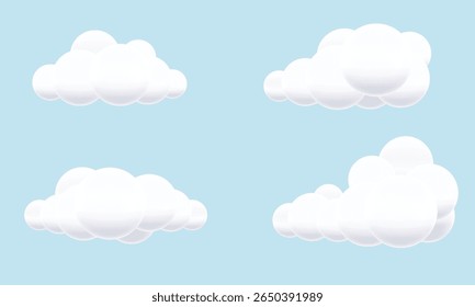 Nuvens 3d brancas isoladas sobre fundo azul. Elemento de design de nuvem fofo. Fundo do céu nublado. Ilustração vetorial