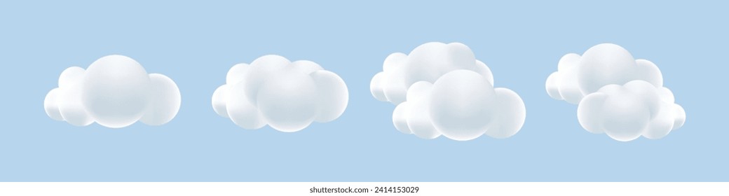 Nubes blancas 3d y colección aislada en un fondo azul. Unas nubes de dibujos animados blandas y onduladas se burlan de ellas. Ilustración vectorial de formas geométricas 3d