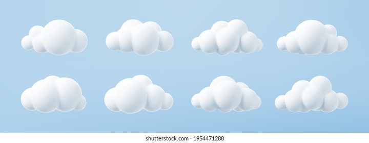 White 3d clouds set isolated on a blue background. Render soft round cartoon fluffy clouds icon in the blue sky. 3d geometric shapes vector illustration - Shutterstock ID 1954471288