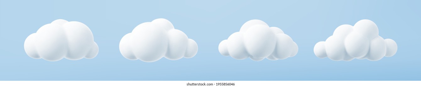 White 3d clouds set isolated on a blue background. Render soft round cartoon fluffy clouds icon in the blue sky. 3d geometric shapes vector illustration