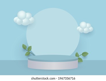 White 3d clouds set isolated on a blue background. 3d background products display podium scene with geometric platform. background  Render soft round cartoon fluffy clouds icon in the blue sky.