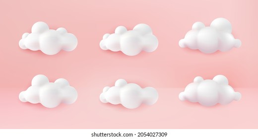 White 3d clouds set isolated on a pink pastel background. Render soft round cartoon fluffy clouds icon in the blue sky. 3d geometric shapes vector illustration