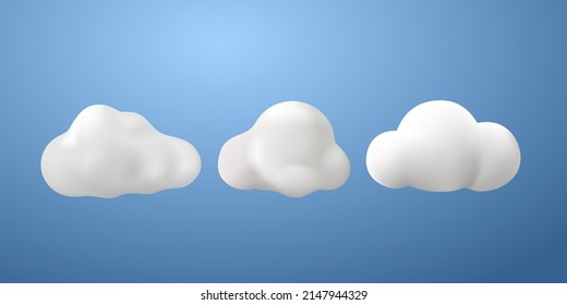 White 3d clouds set isolated on a blue background. Render soft round cartoon fluffy clouds icon in the blue sky. 3d geometric shapes vector illustration. Cloud symbol for your web site design, UI, 3D