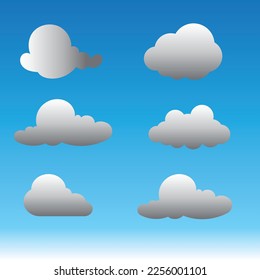 White 3d clouds set isolated on a blue background. Render soft round cartoon fluffy clouds icon in the blue sky. 3d geometric shapes vector illustration