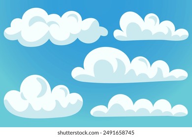 Nubes 3d blancas establecidas aisladas sobre un fondo azul. Icono de nubes esponjosas de dibujos animados redondos suaves en el cielo azul. Ilustración vectorial de Formas geométricas 3d, Conjunto de nube de dibujos animados en un diseño plano.